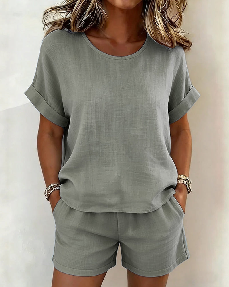 Round Neck Shorts Set Brown Summer | Alba Muse