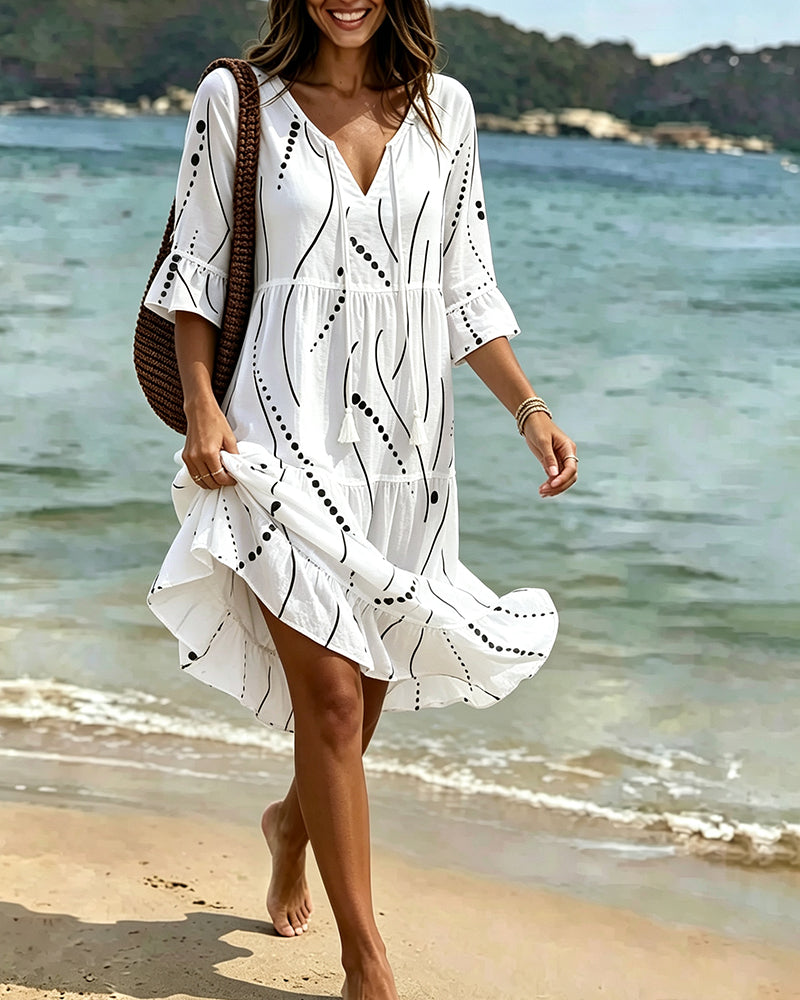 White Polka Dot Flutter Sleeve Tie-Waist Midi Dress