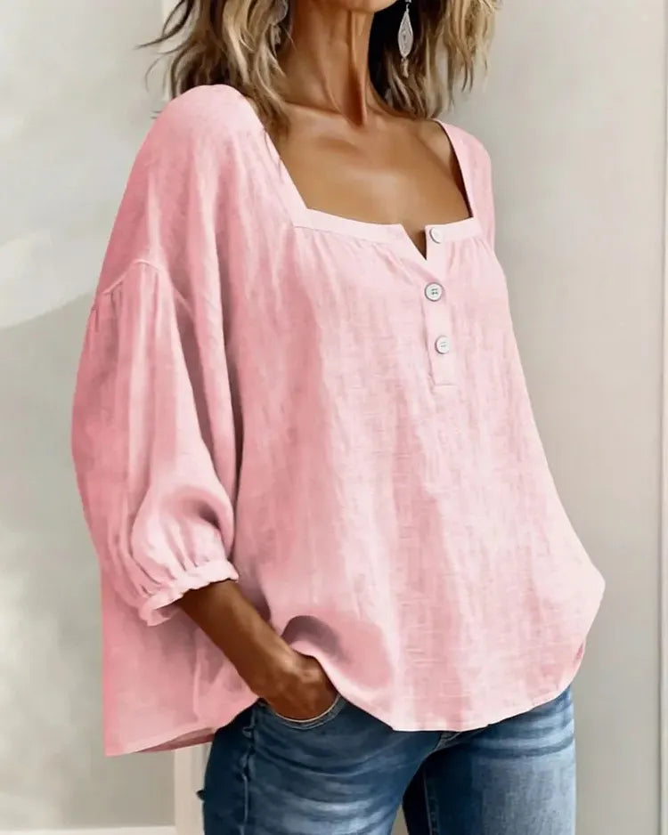 Square neck shirt in blue, boho casual style with curved hem | Alba Muse