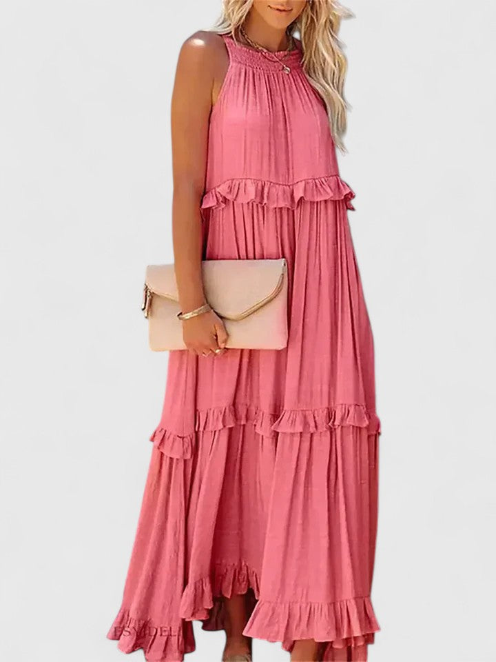 Sleeveless ruffle maxi dress in blue, front view