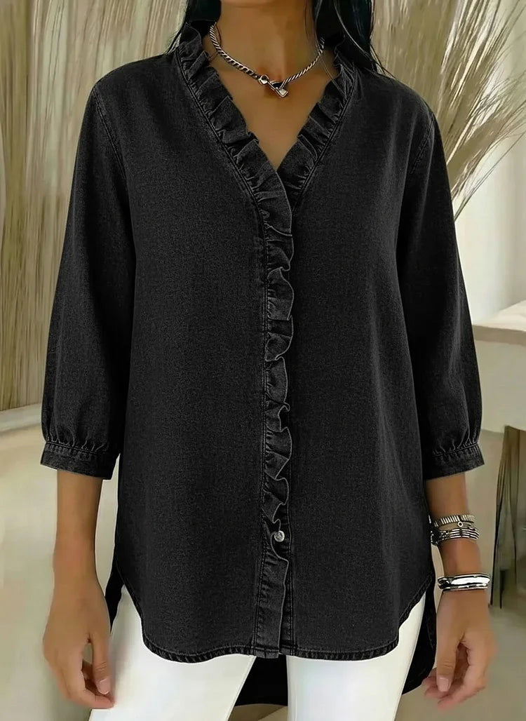 Casual denim V-neck ruffled shirt full-length model view | Alba Muse