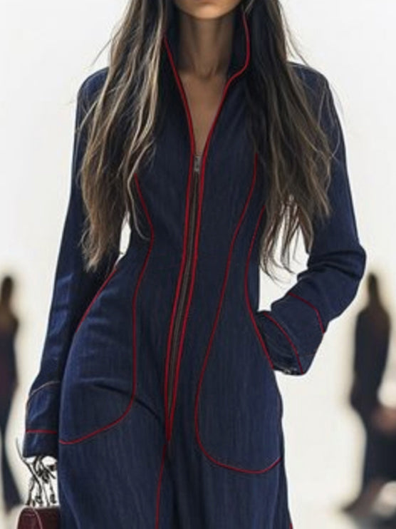Denim Long Sleeve Jumpsuit with Stand Collar and Wide Leg