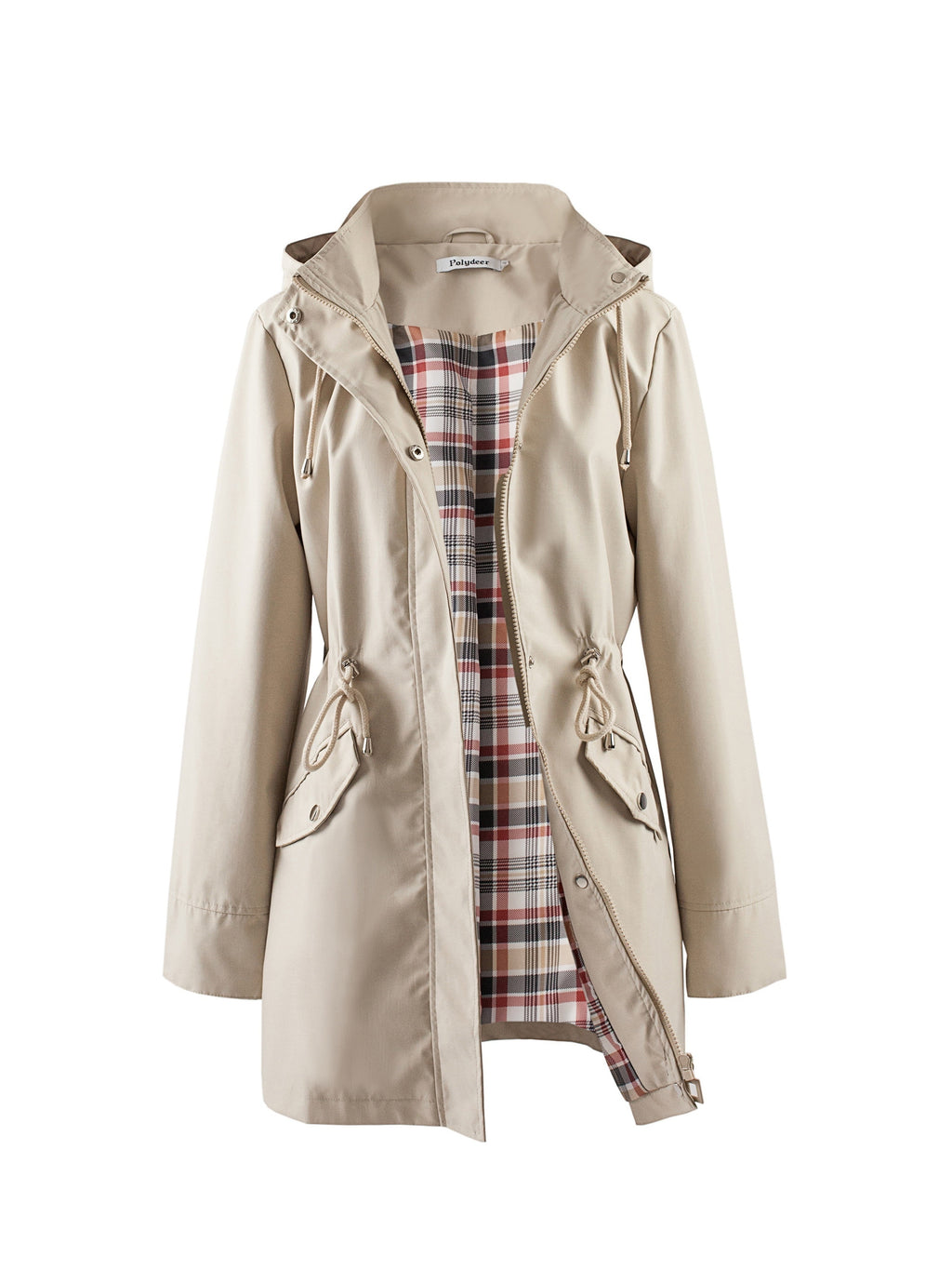 Hooded drawstring waist zip up coat with fully lined