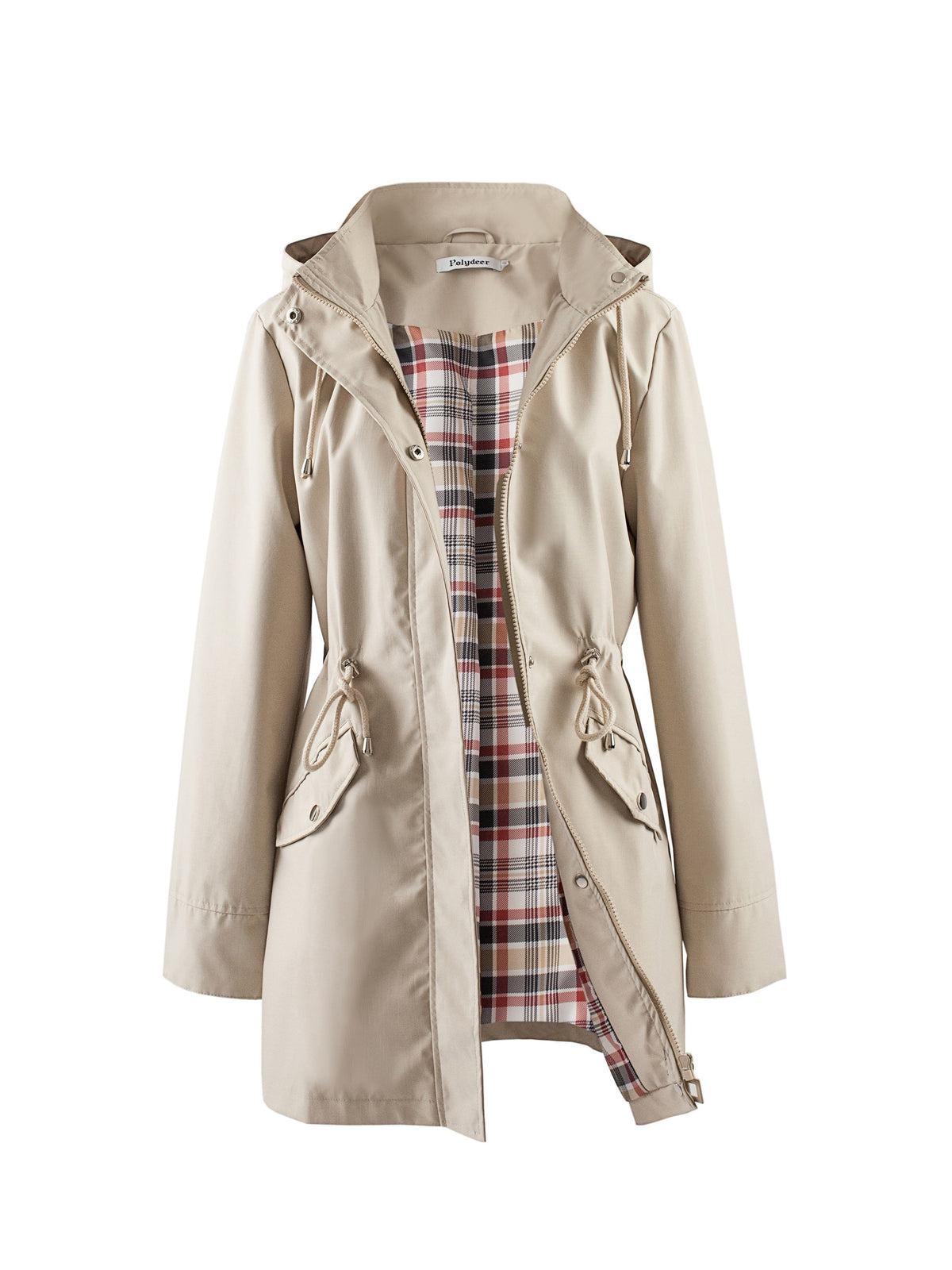 Hooded drawstring waist zip up coat with fully lined