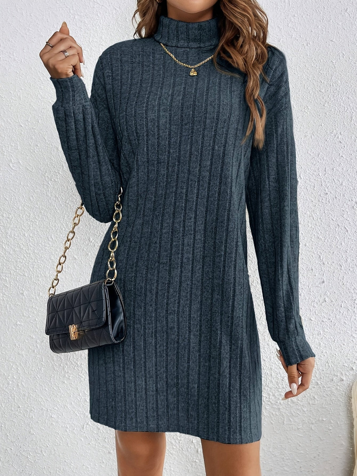 Ribbed roll neck stretch jumper dress with ribbed stretch knit