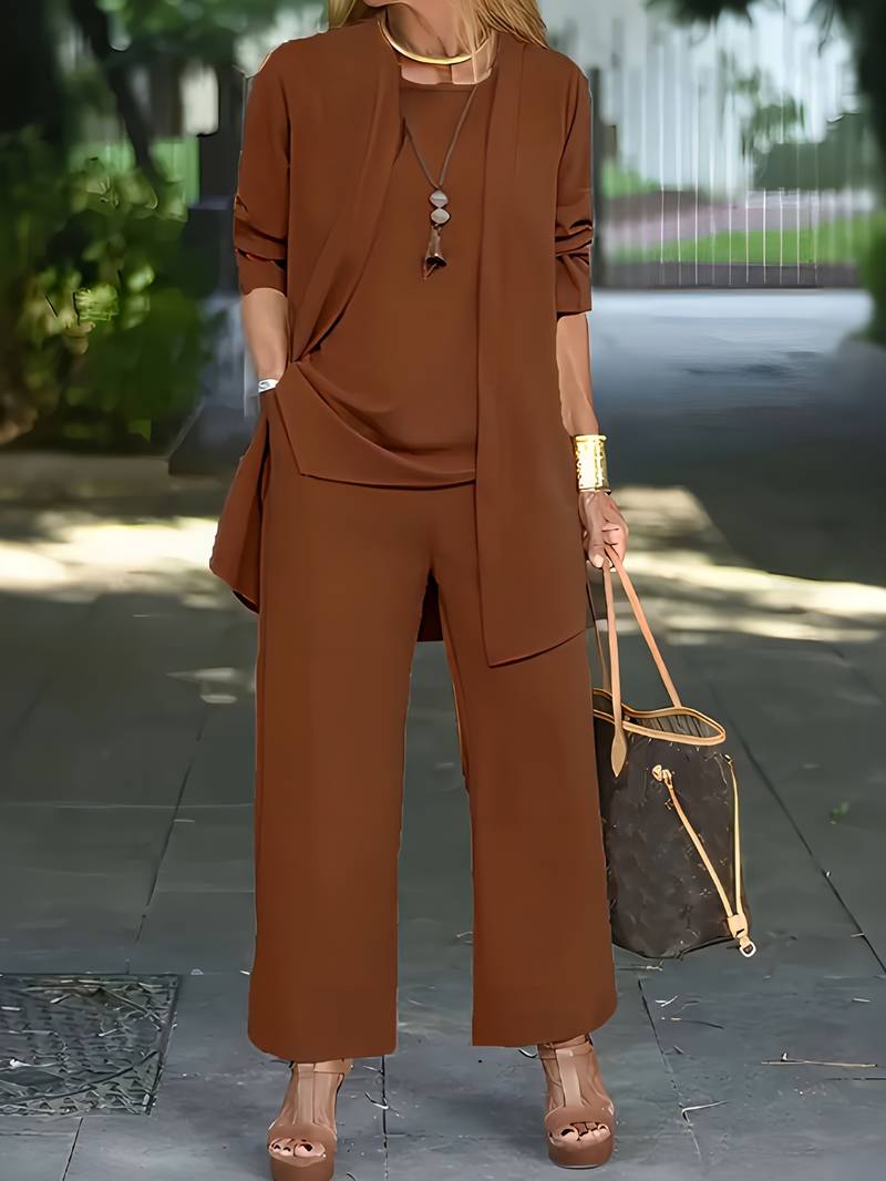 Women's Open-Front Jacket Wide-Leg 3-Piece Co-Ord Set styled look - Elegant Smart-Casual Set