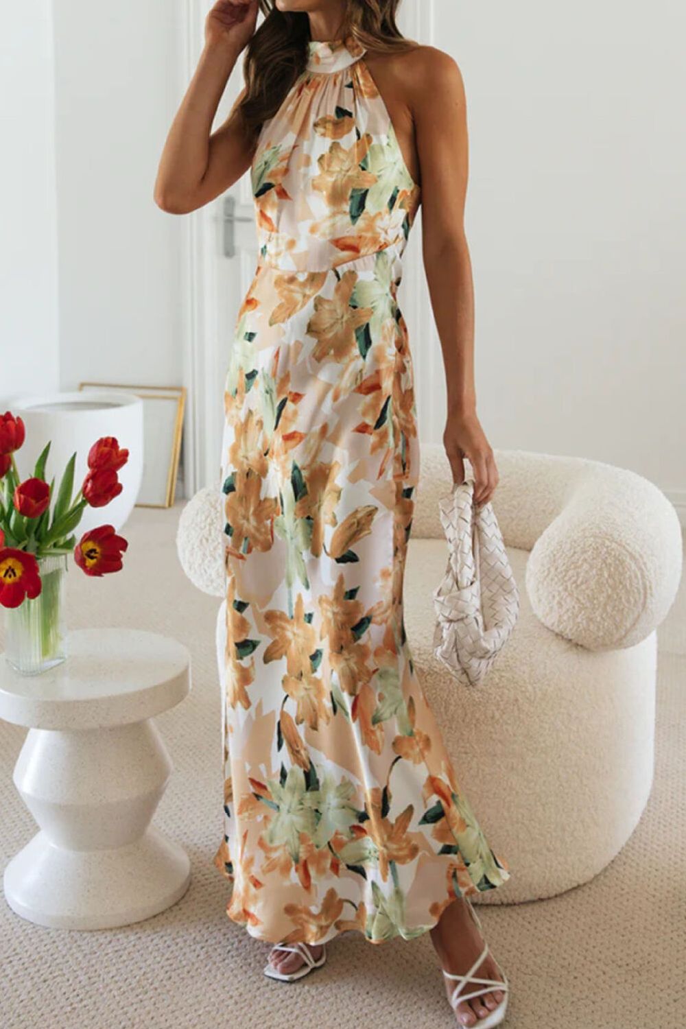 Floral Print Halter Neck Maxi Dress with Slit – Wedding Guest