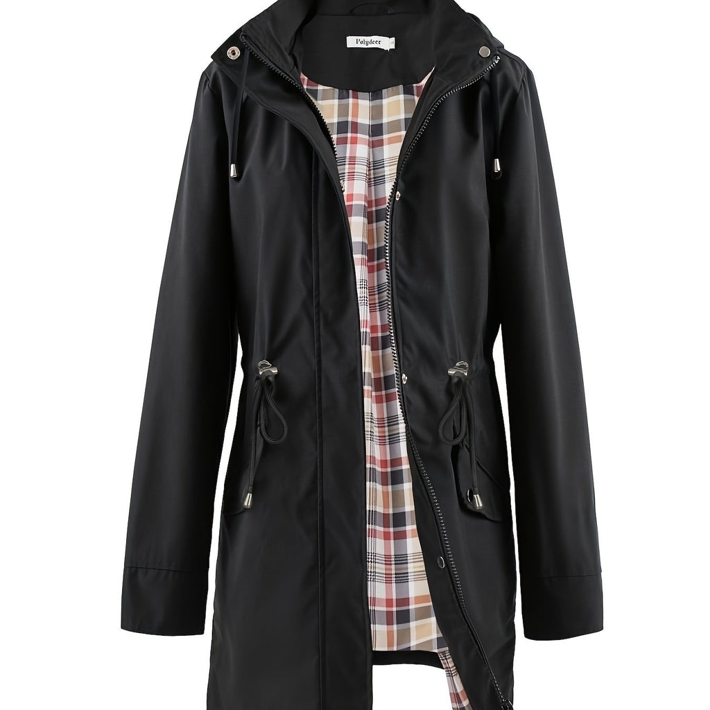 Hooded drawstring waist zip up coat with a zip up placket front in Black