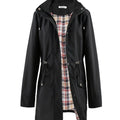 Hooded drawstring waist zip up coat with a zip up placket front in Black