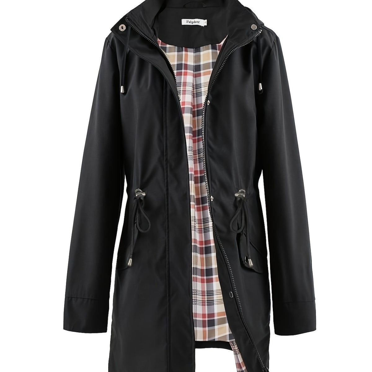 Hooded drawstring waist zip up coat with a zip up placket front in Black