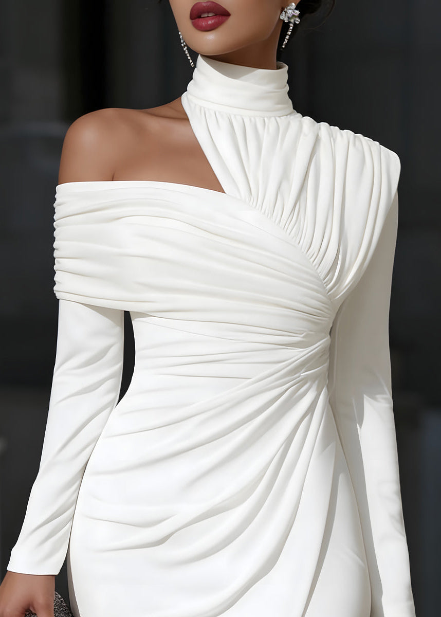One shoulder long sleeve ruched midi dress, back and side view