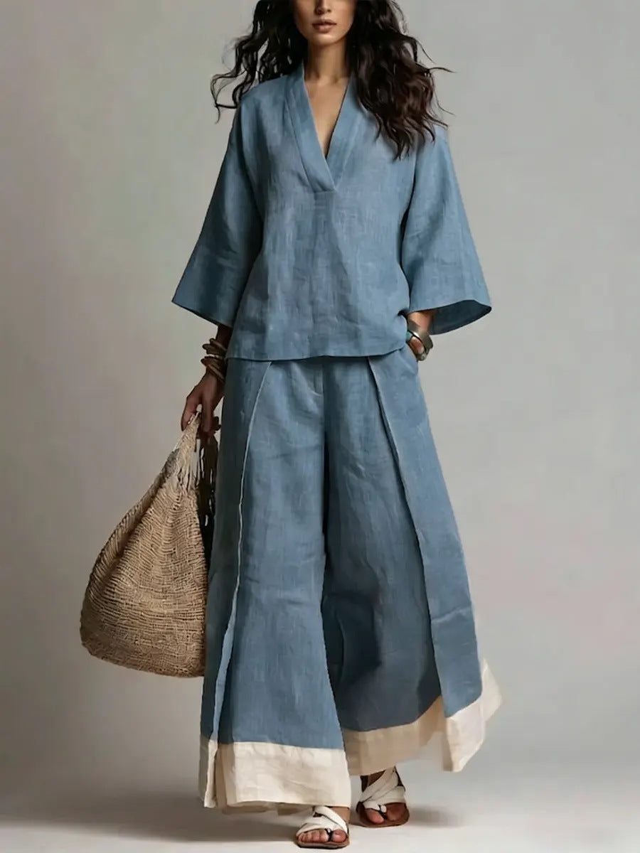 V-neck three quarter sleeve co-ord set, full length view