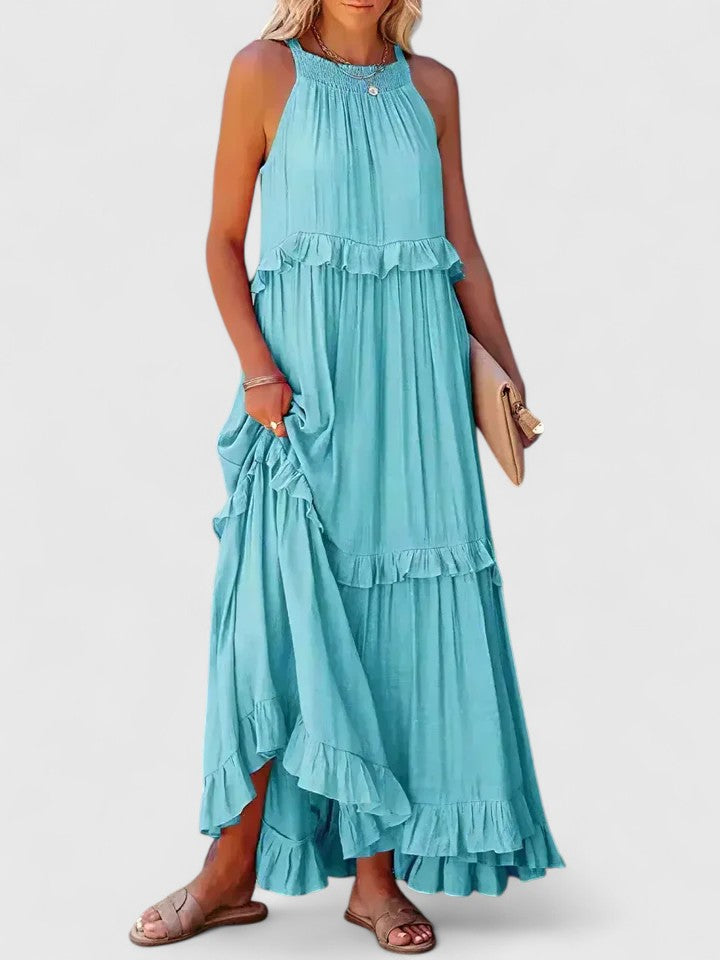 Sleeveless ruffle maxi dress in green, front view