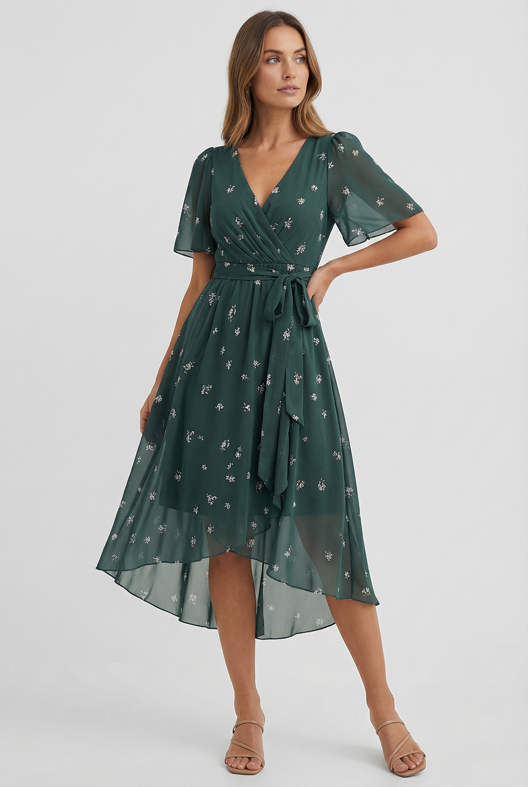 Women's Floral Linen Midi Dress - Elegant Fit