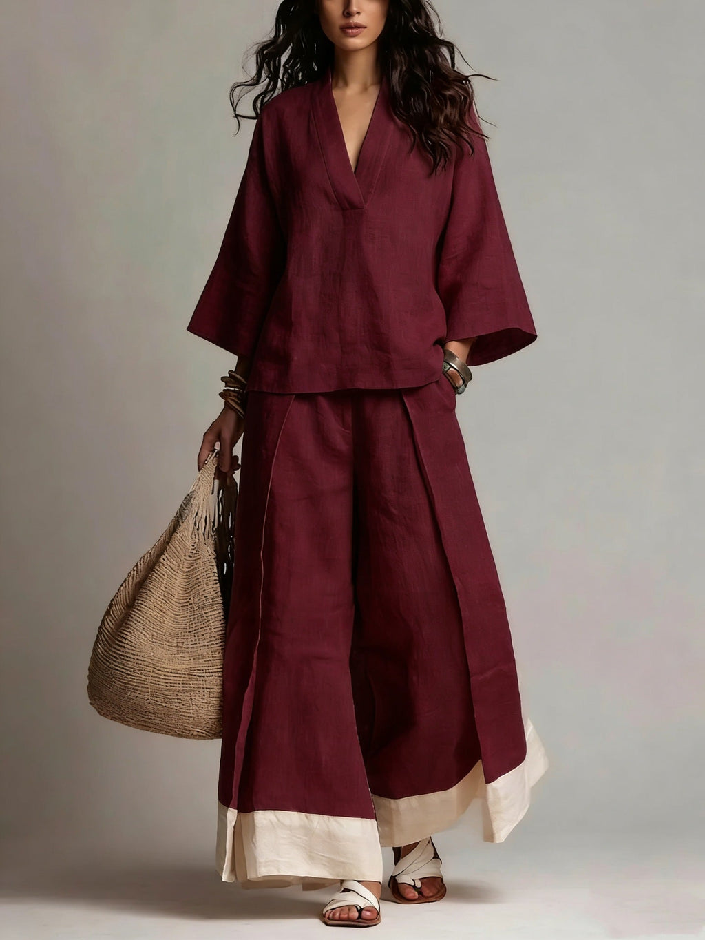 Cotton linen wide leg trouser set, alternate view