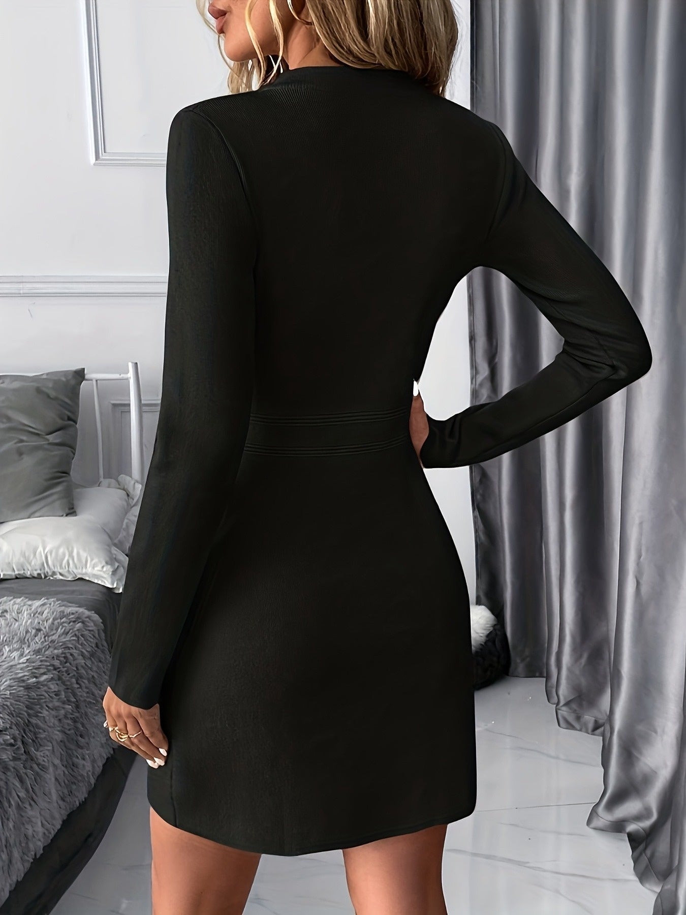 Black Crew Neck Button Detail Knit Mini Dress