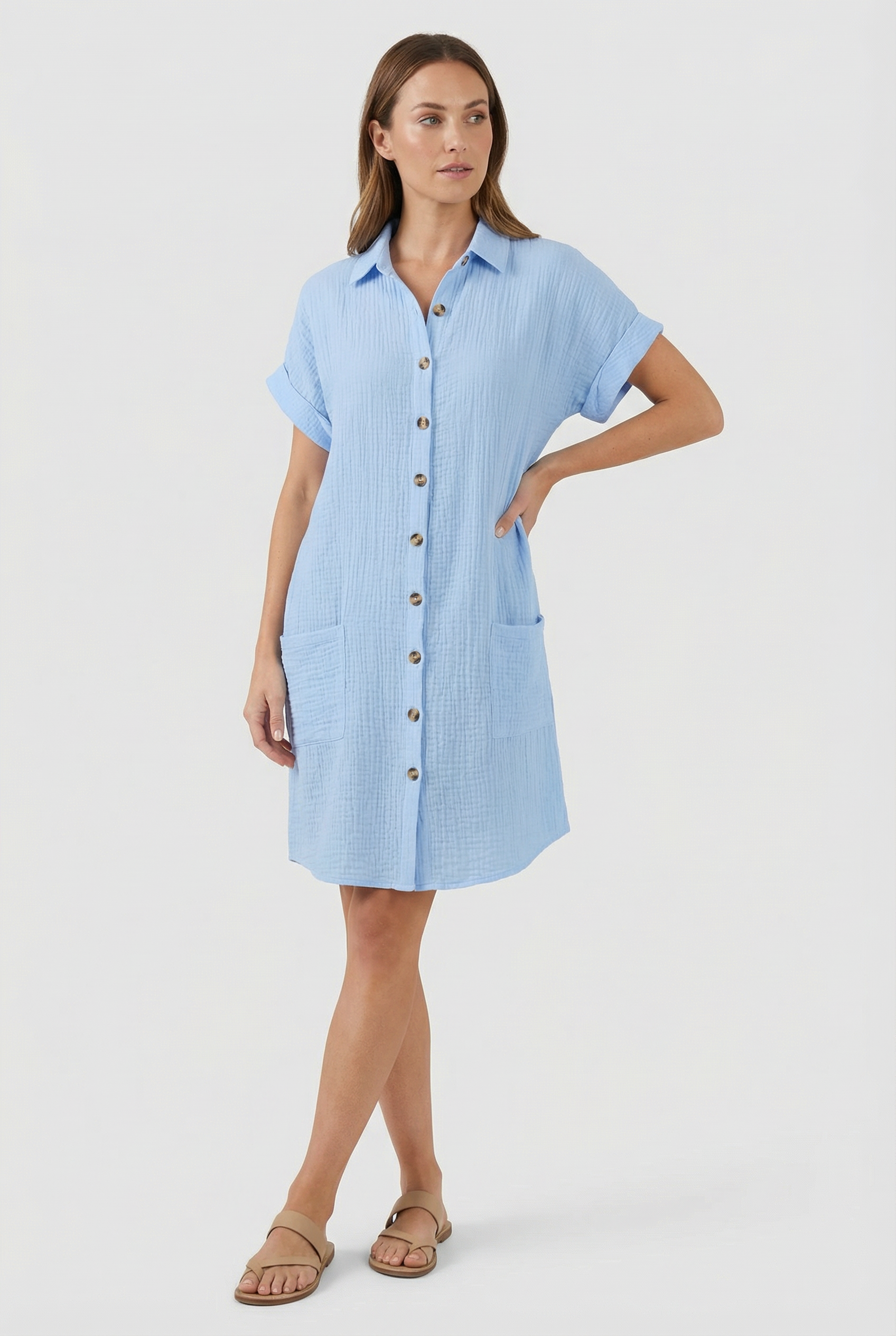 Women's Cotton Blend Short Sleeve Shirt Dress