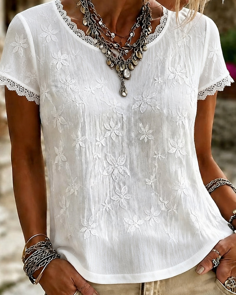 V-neck solid colour short sleeve lace detail T-shirt, front view