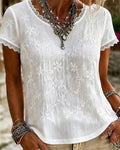 V-neck solid colour short sleeve lace detail T-shirt, front view