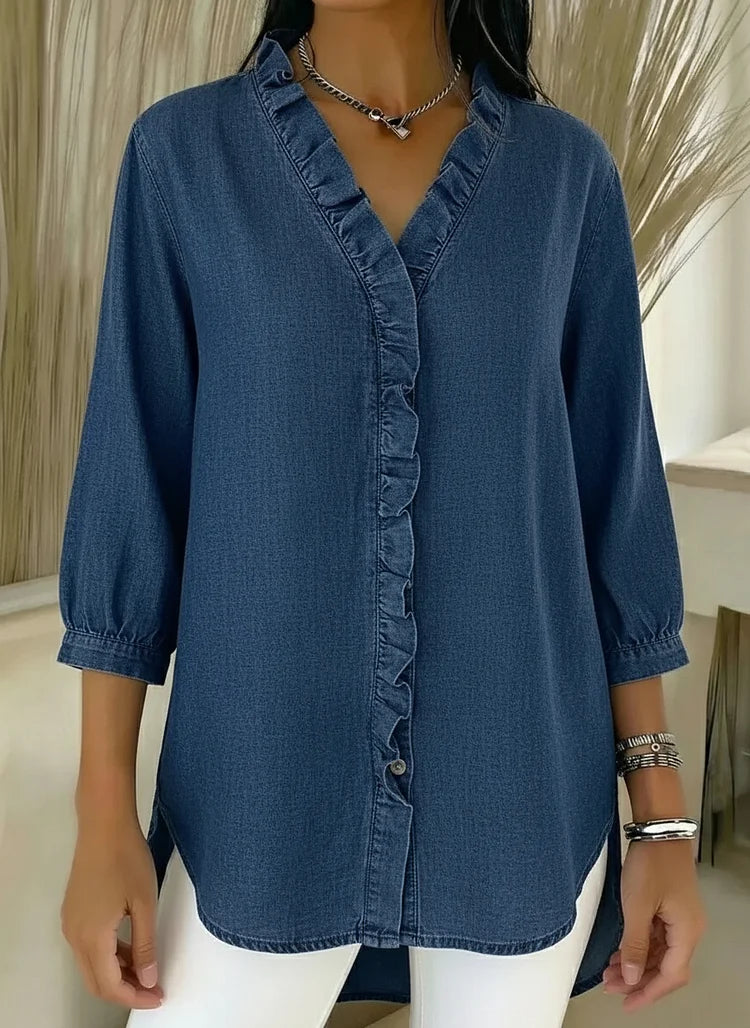 Casual ruffled denim shirt in beige, relaxed feminine silhouette | Alba Muse