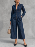 Navy Blue cropped denim jumpsuit, front view