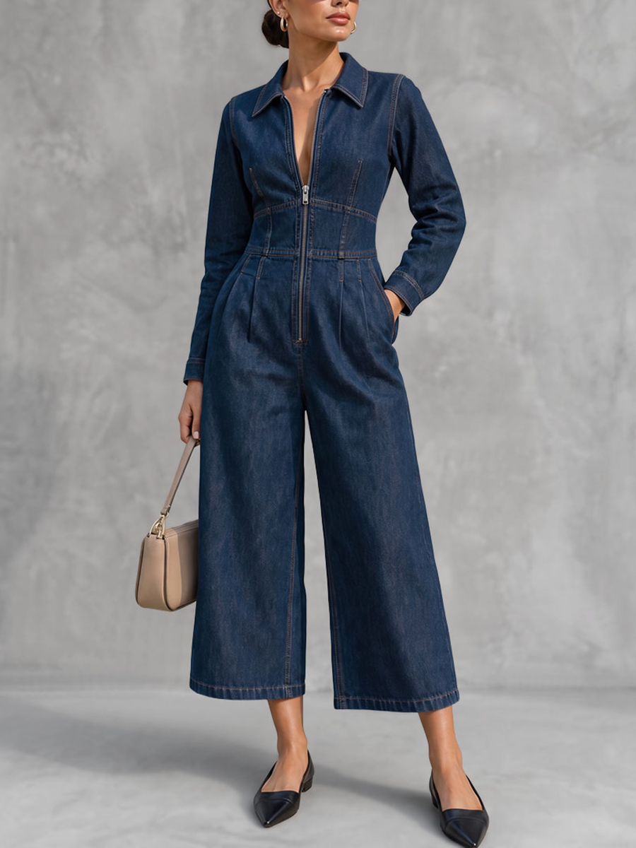 Navy Blue cropped denim jumpsuit, front view