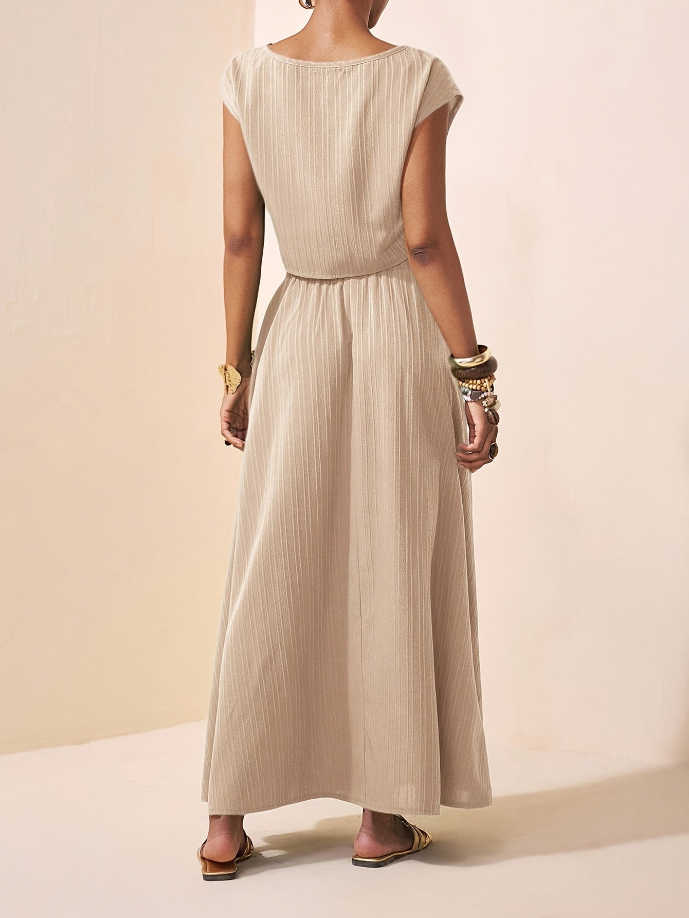 Striped Top & Pleated Maxi Skirt Co-ord Set in Green, styled view