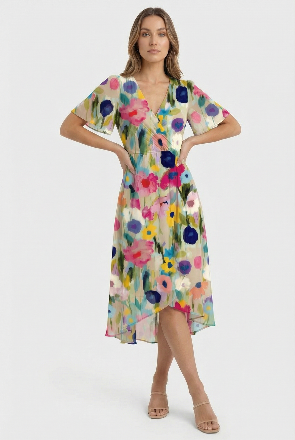 Women's floral midi dress, close-up of floral print and fabric