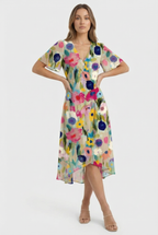 Women's floral midi dress, close-up of floral print and fabric