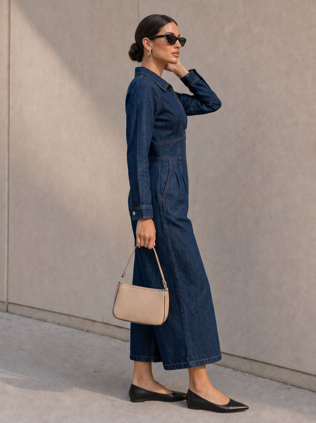 Cropped Denim-Blend Lapel Jumpsuit with Long Sleeves