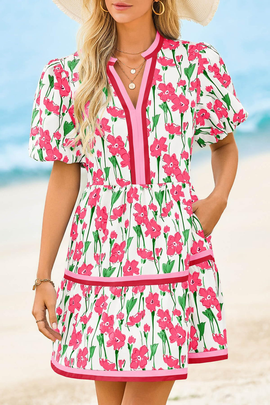 Patchwork mini dress with puff sleeves front view