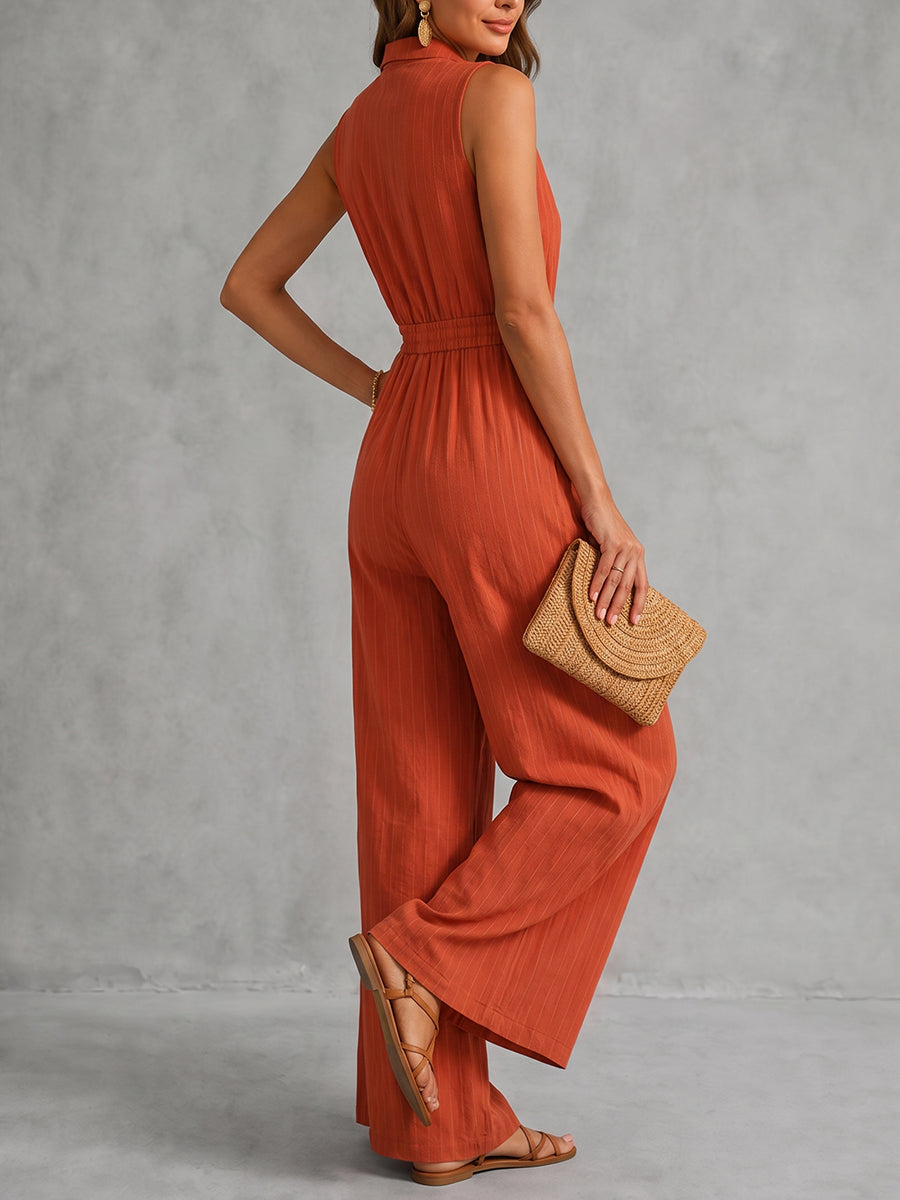 Sleeveless Stand Collar Jumpsuit with Drawstring Waist and Wide Leg