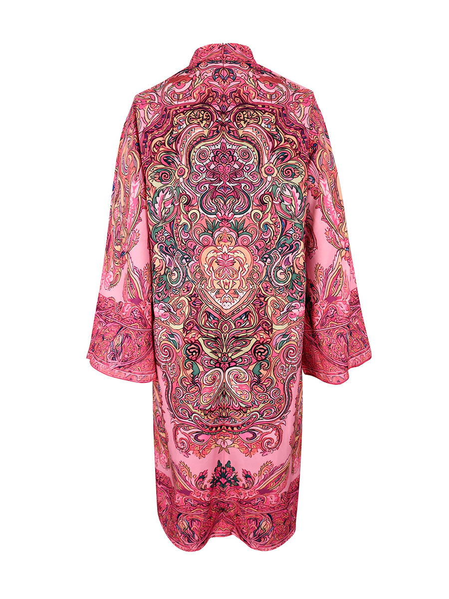 Contrast Print Mock Neck Midi Dress with Long Sleeves and Loose Fit