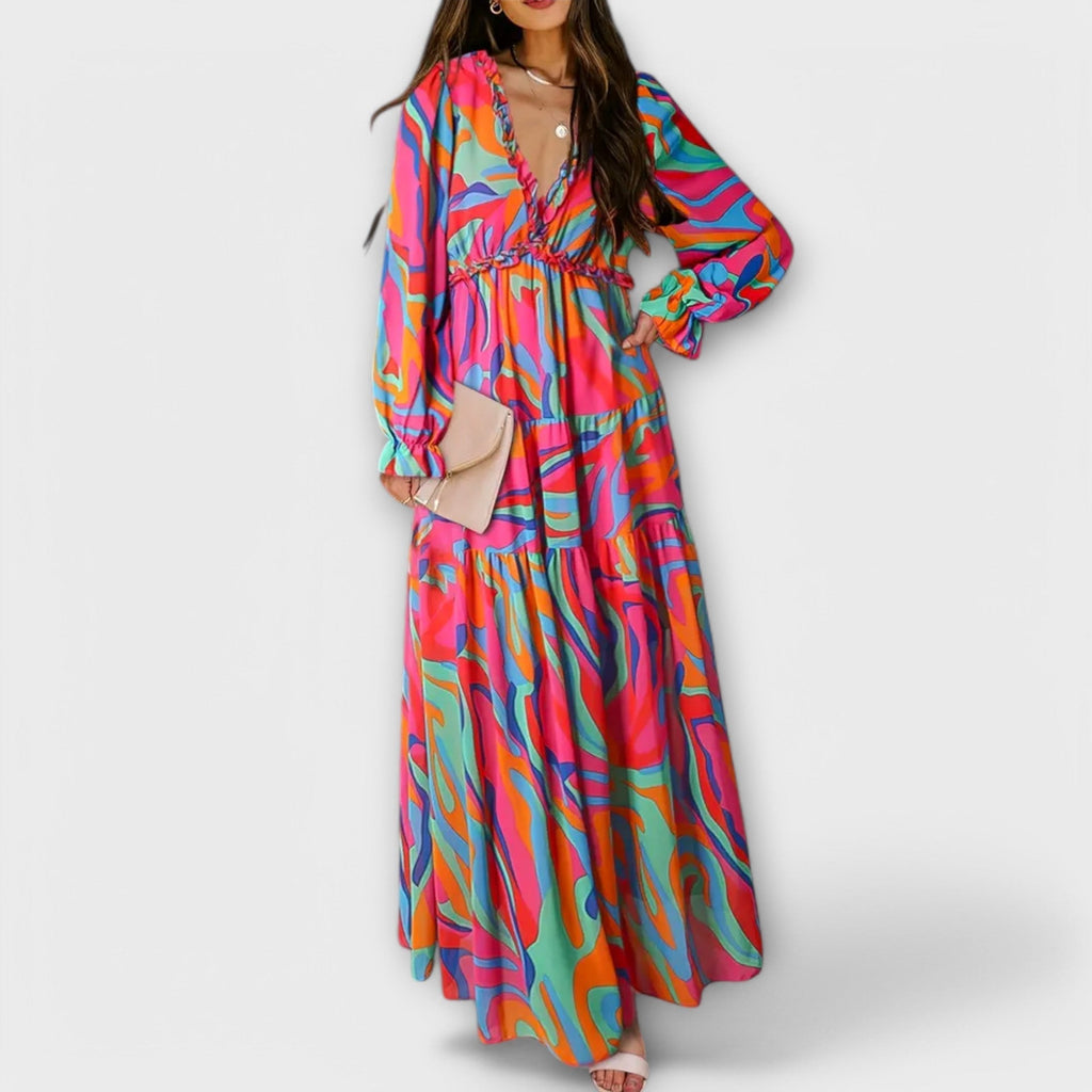 Women's flowing floral maxi dress full length view