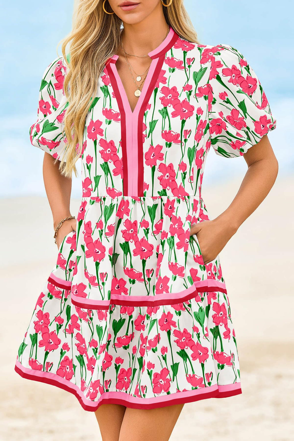 Women's boho floral mini dress patchwork detailing close-up