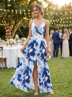 Women's adjustable strap floral maxi dress with open back and side slit, back view