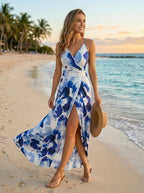 Women's floral sleeveless maxi dress in third print option, full-length view