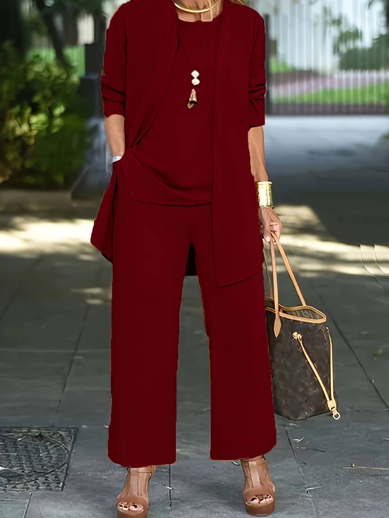 Women's Open-Front Jacket Wide-Leg 3-Piece Co-Ord Set front view - Elegant Smart-Casual Set