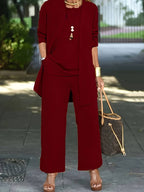 Women's Open-Front Jacket Wide-Leg 3-Piece Co-Ord Set front view - Elegant Smart-Casual Set
