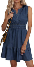 Women's lyocell denim V-neck sleeveless mini dress in blue denim, casual style, front view