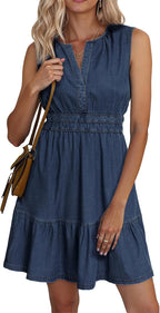 Women's lyocell denim V-neck sleeveless mini dress in blue denim, casual style, front view