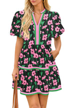 Floral puff sleeve patchwork mini dress back view