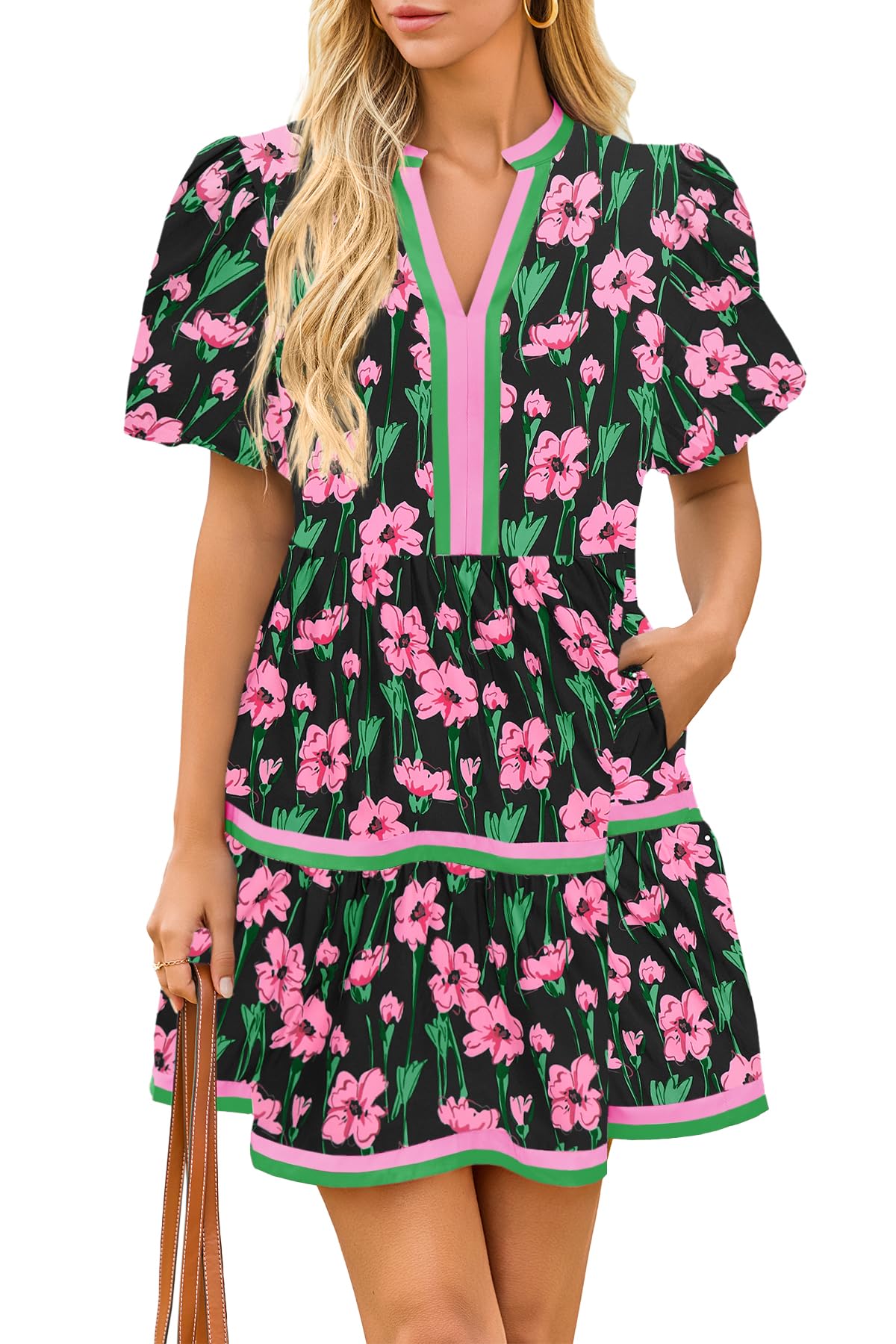 Floral puff sleeve patchwork mini dress back view