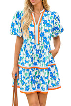 Floral patchwork mini dress puff sleeve detail