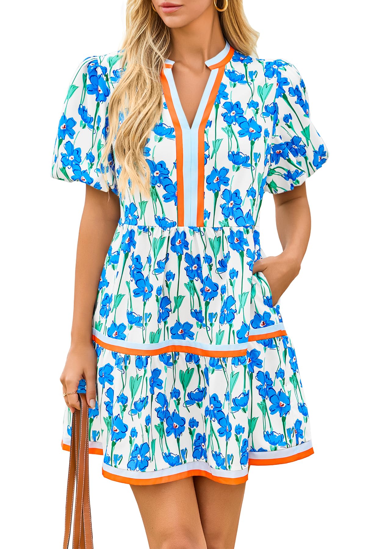Floral patchwork mini dress puff sleeve detail