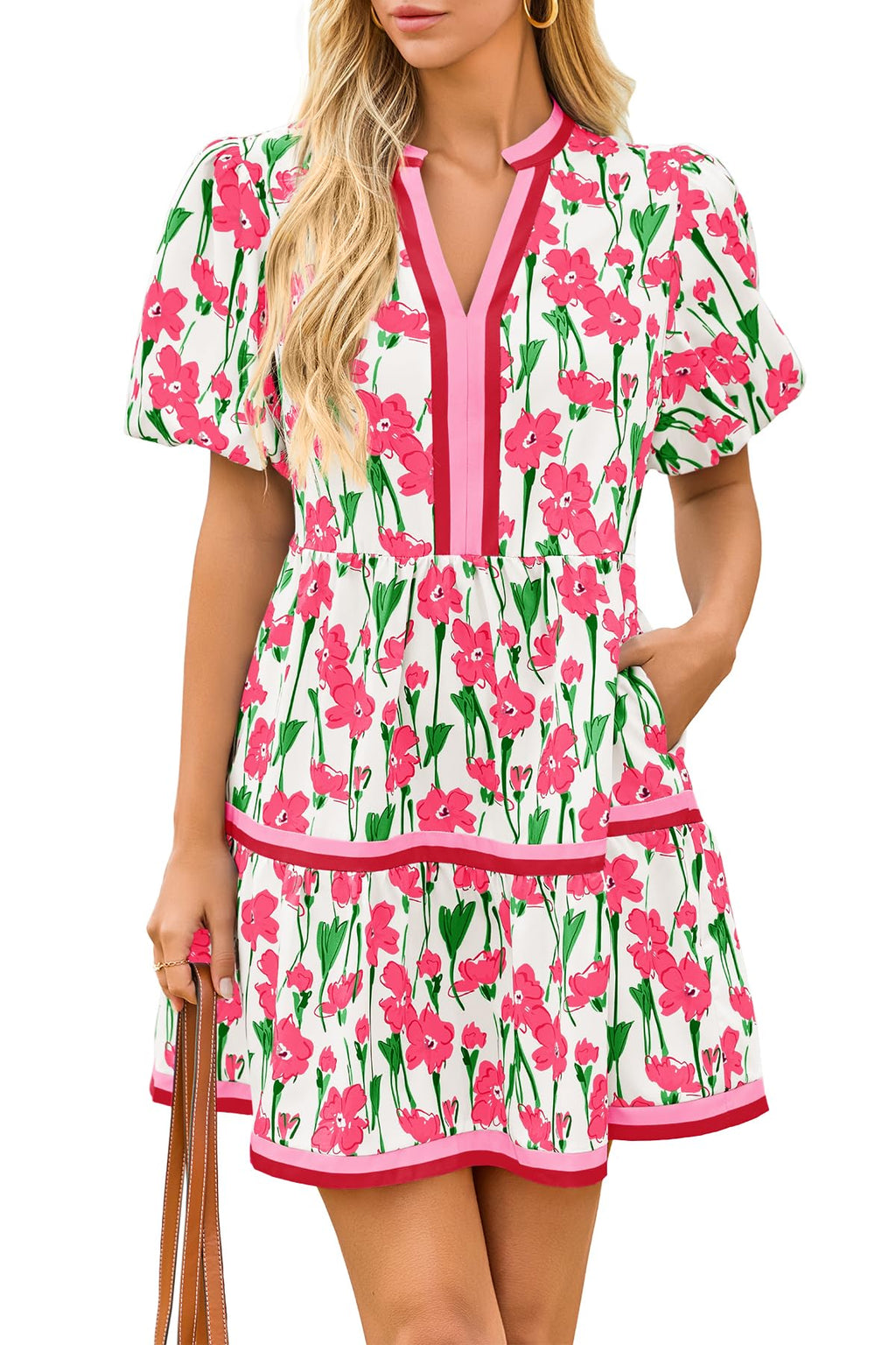 Women's floral puff sleeve patchwork mini dress with V-neckline, front view