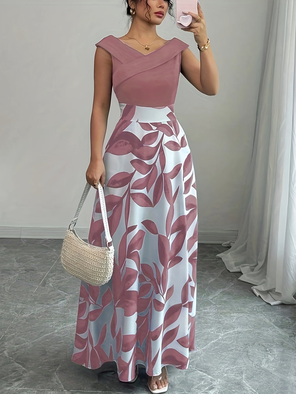 V-Neck Floral Print A-Line Maxi Dress in Blue, side view