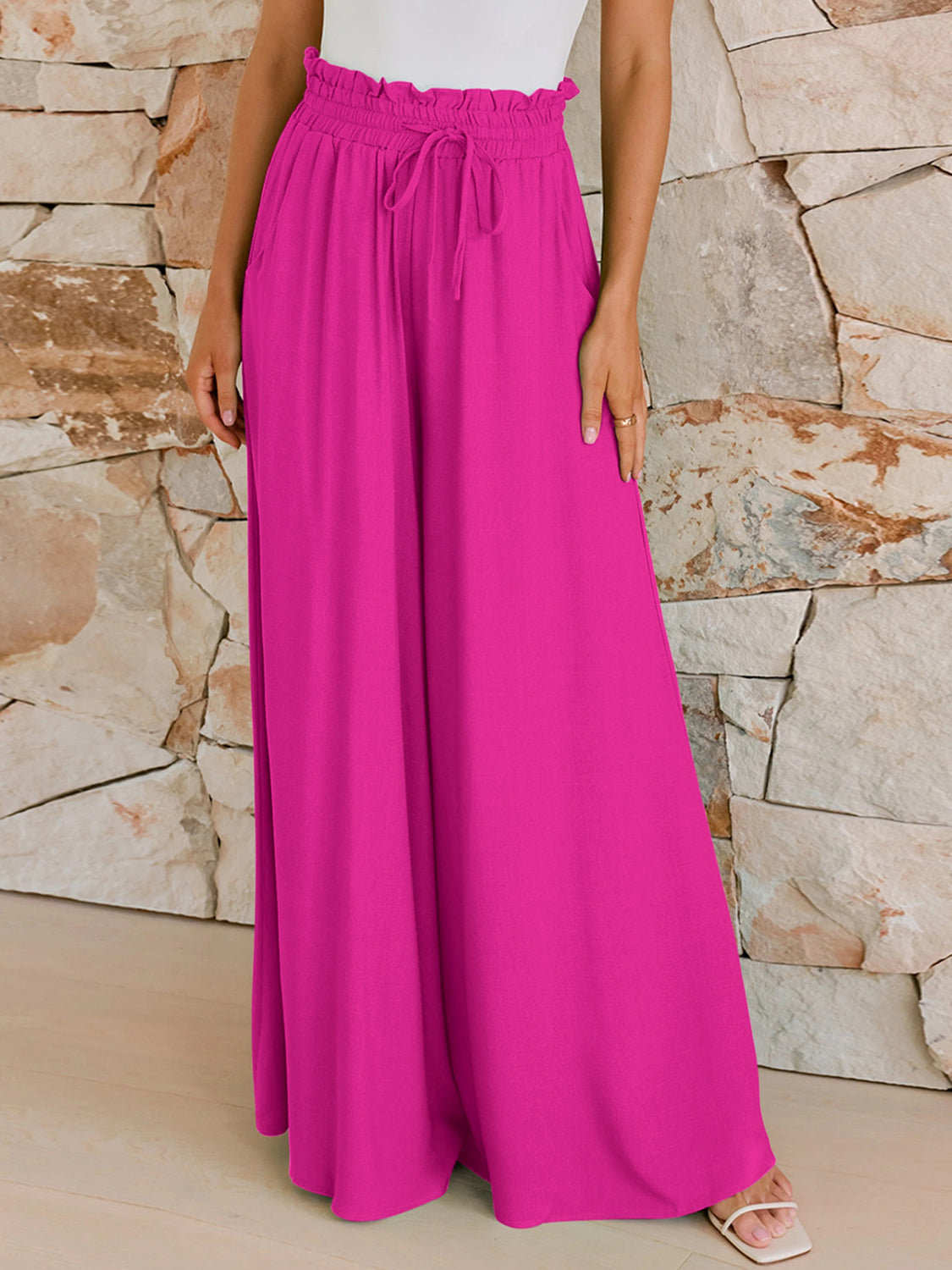 Women's Drawstring Wide Leg Trousers with Pockets – Casual