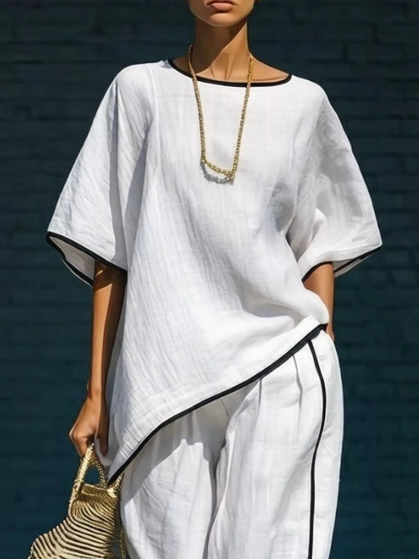 Contrast Trim Round Neck Top & Trousers Co-ord Set