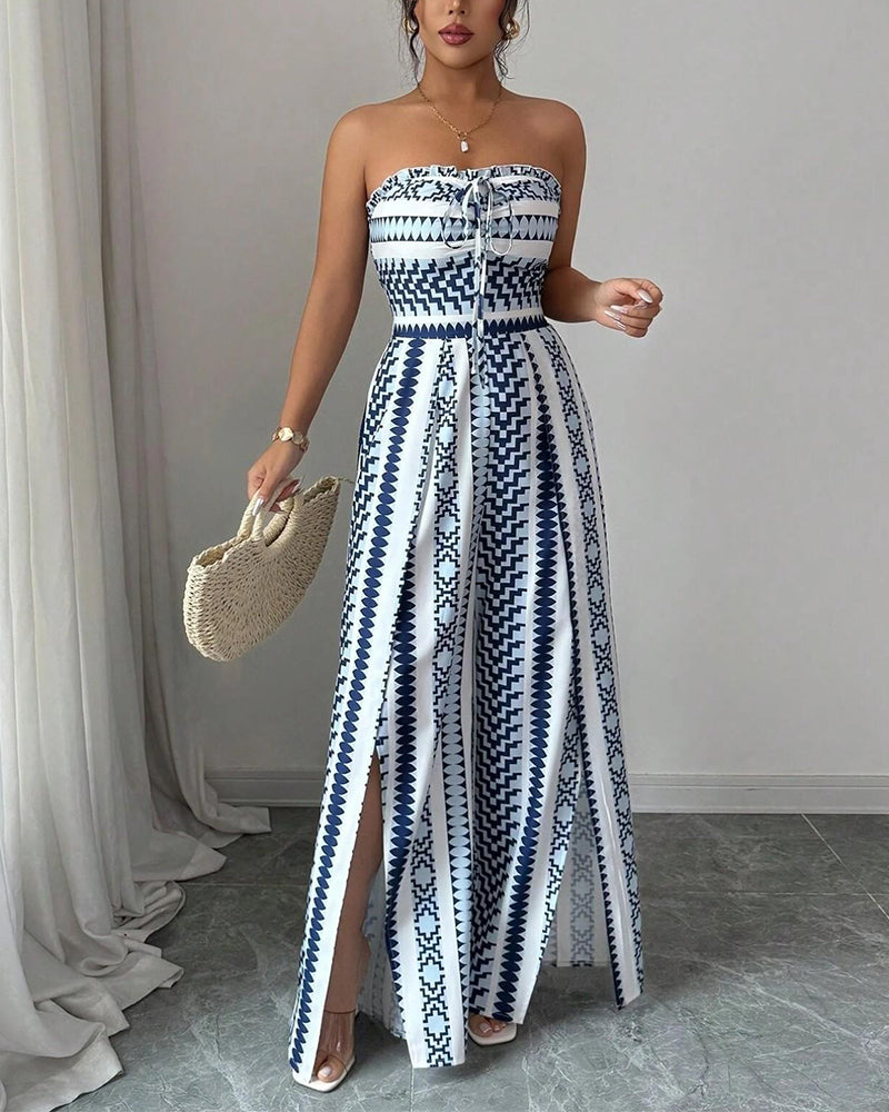 Geometric print bandeau wide-leg jumpsuit in green, full view